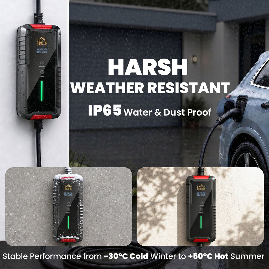 Chargeur Voiture Électrique Type 2, 7,4kW, 6-32A, 8m, Prise CEE, Adaptateur Européen, Écran LCD, IP65, 21x8,5x5cm, Noir
