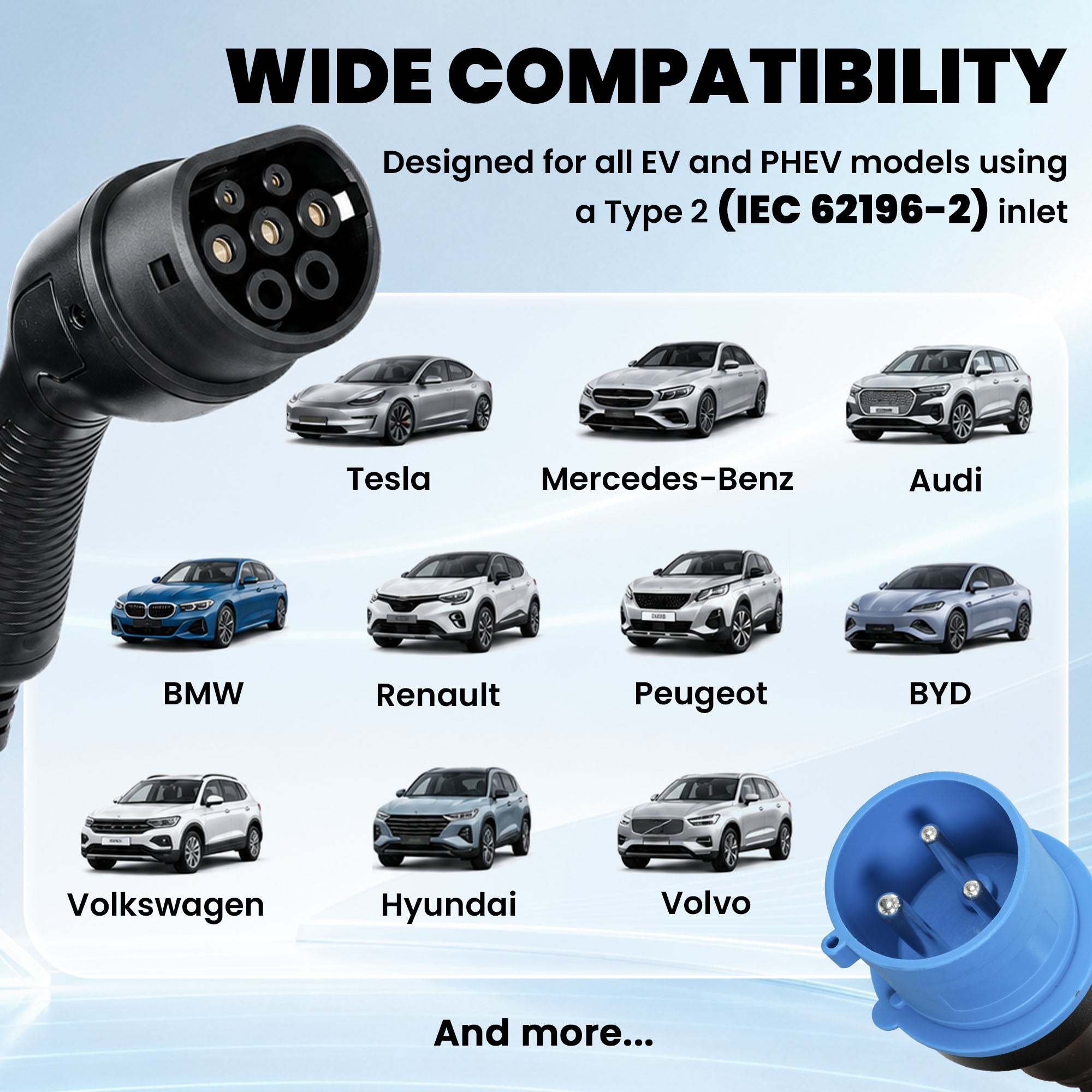Chargeur Voiture Électrique Type 2, 7,4kW, 6-32A, 8m, Prise CEE, Adaptateur Européen, Écran LCD, IP65, 21x8,5x5cm, Noir