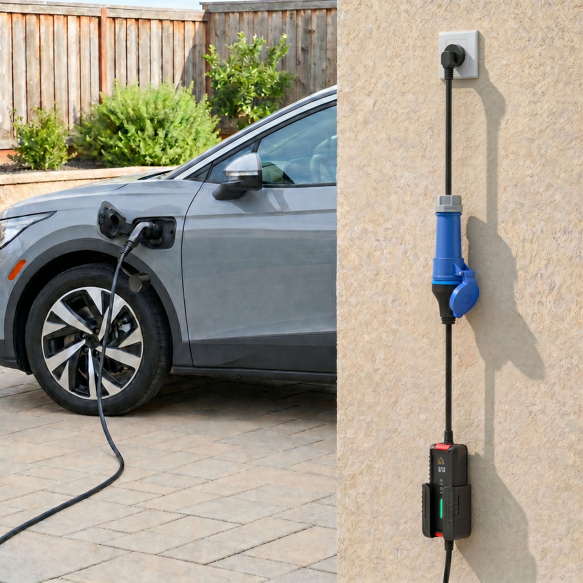 Chargeur Voiture Électrique Type 2, 7,4kW, 6-32A, 8m, Prise CEE, Adaptateur Européen, Écran LCD, IP65, 21x8,5x5cm, Noir