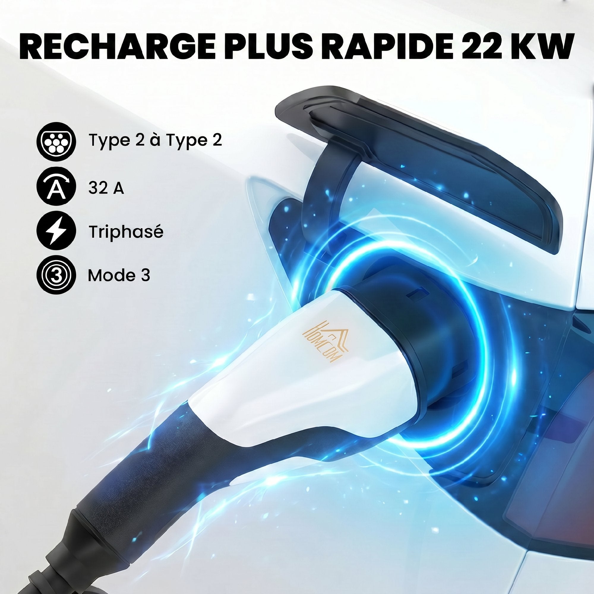 Câble de Recharge Voiture Électrique Type 2 22kw Triphasé Mode 3 Rallonge Cable Recharge Rapide 5m Assuré par PICC Noir