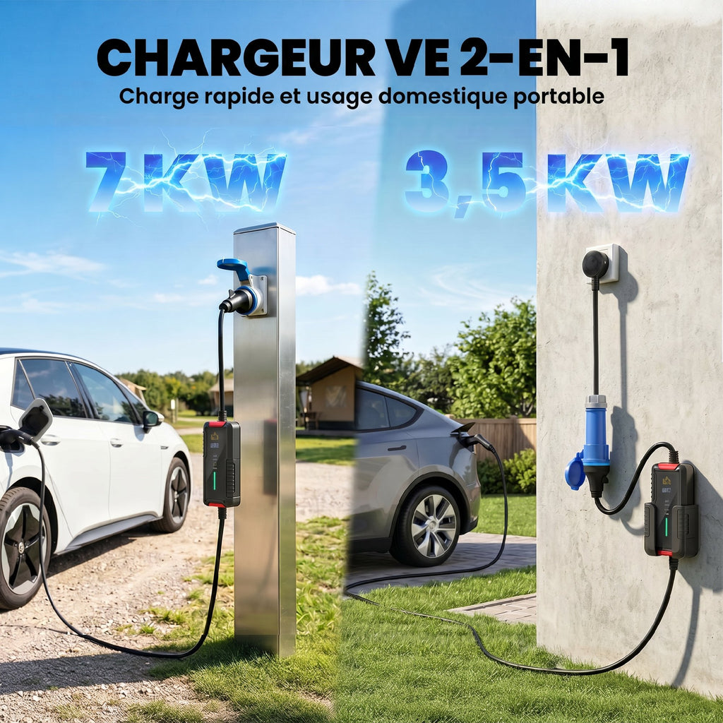 Chargeur Voiture Électrique Type 2, 7,4kW, 6-32A, 8m, Prise CEE, Adaptateur Européen, Écran LCD, IP65, 21x8,5x5cm, Noir