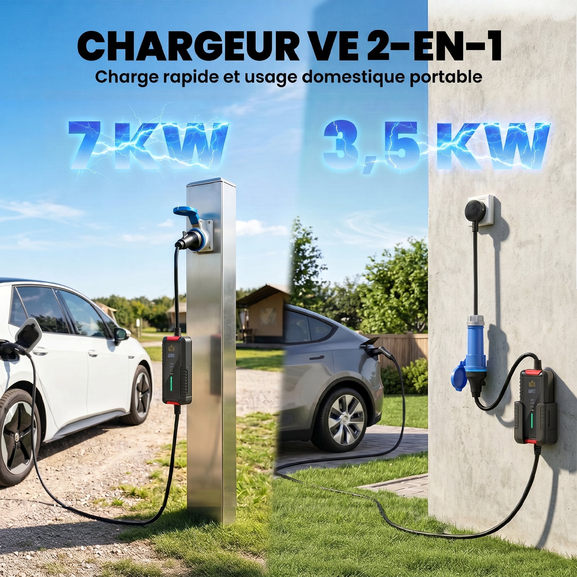 Chargeur Voiture Électrique Type 2, 7,4kW, 6-32A, 8m, Prise CEE, Adaptateur Européen, Écran LCD, IP65, 21x8,5x5cm, Noir