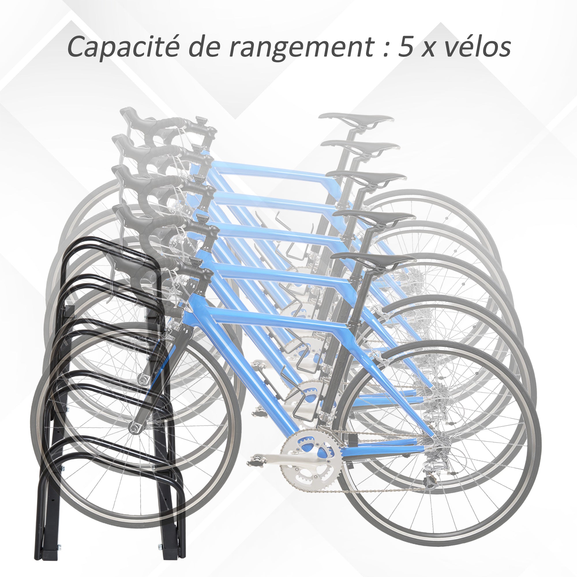Râtelier 5 vélos range-vélos support rangement vélo à pneu 65 mm dim. 145L x 33l x 27H cm acier noir