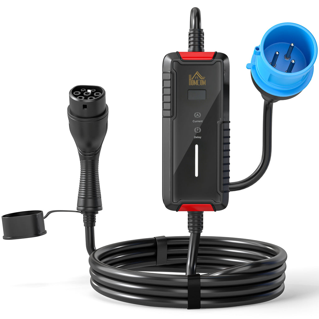 Chargeur Voiture Électrique Type 2, 7,4kW, 6-32A, 8m, Prise CEE, Adaptateur Européen, Écran LCD, IP65, 21x8,5x5cm, Noir