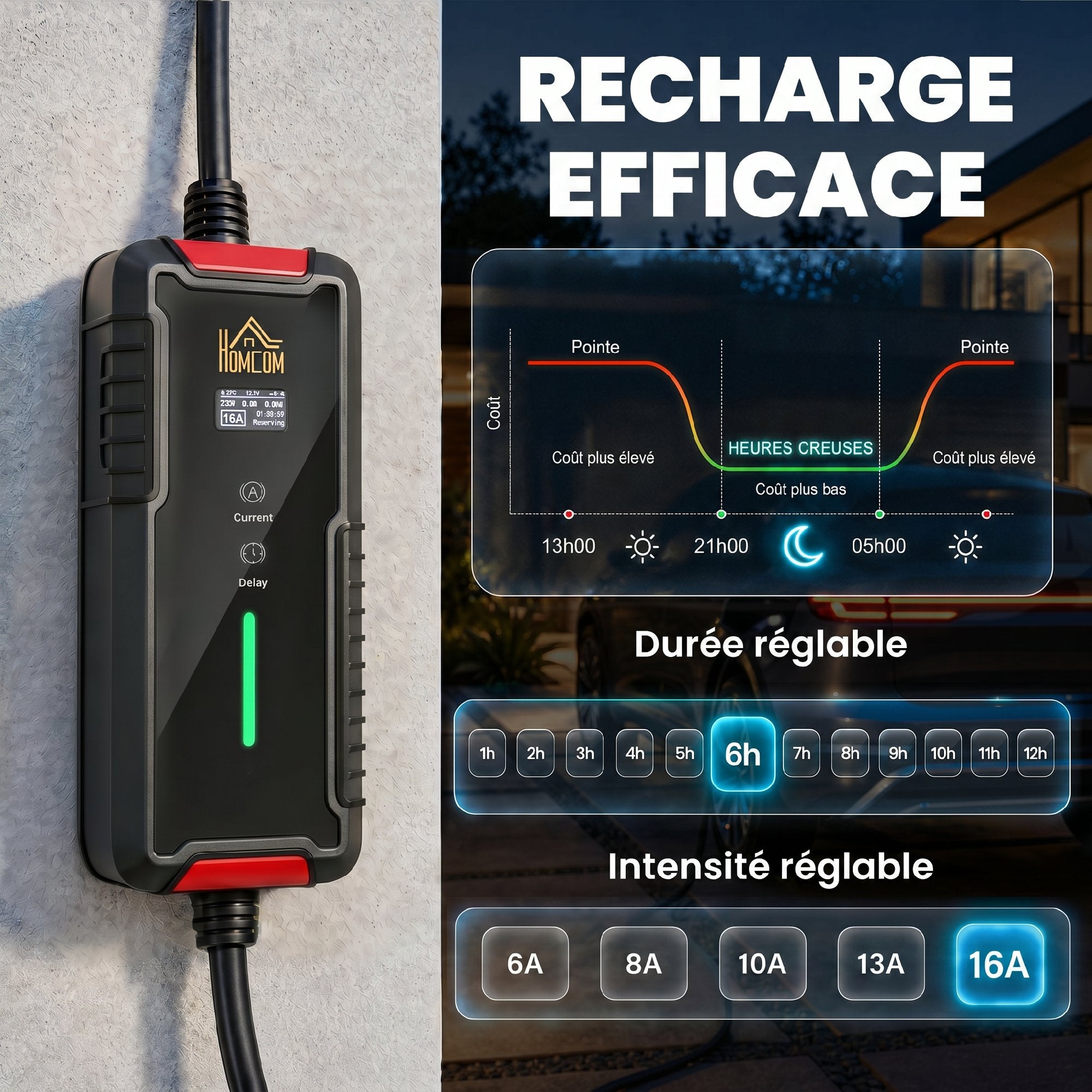 Chargeur Voiture Électrique Type 2 3,7kW [5m, 6/8/10/13/16A] Câble de Recharge Portable Écran LCD Retardateur Noir