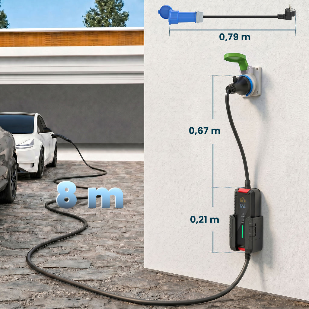 Chargeur Voiture Électrique Type 2, 7,4kW, 6-32A, 8m, Prise CEE, Adaptateur Européen, Écran LCD, IP65, 21x8,5x5cm, Noir