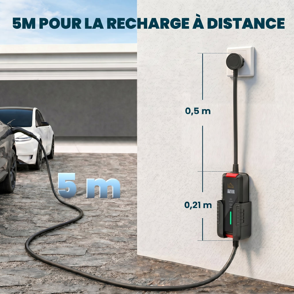 Chargeur Voiture Électrique Type 2 3,7kW [5m, 6/8/10/13/16A] Câble de Recharge Portable Écran LCD Retardateur Noir