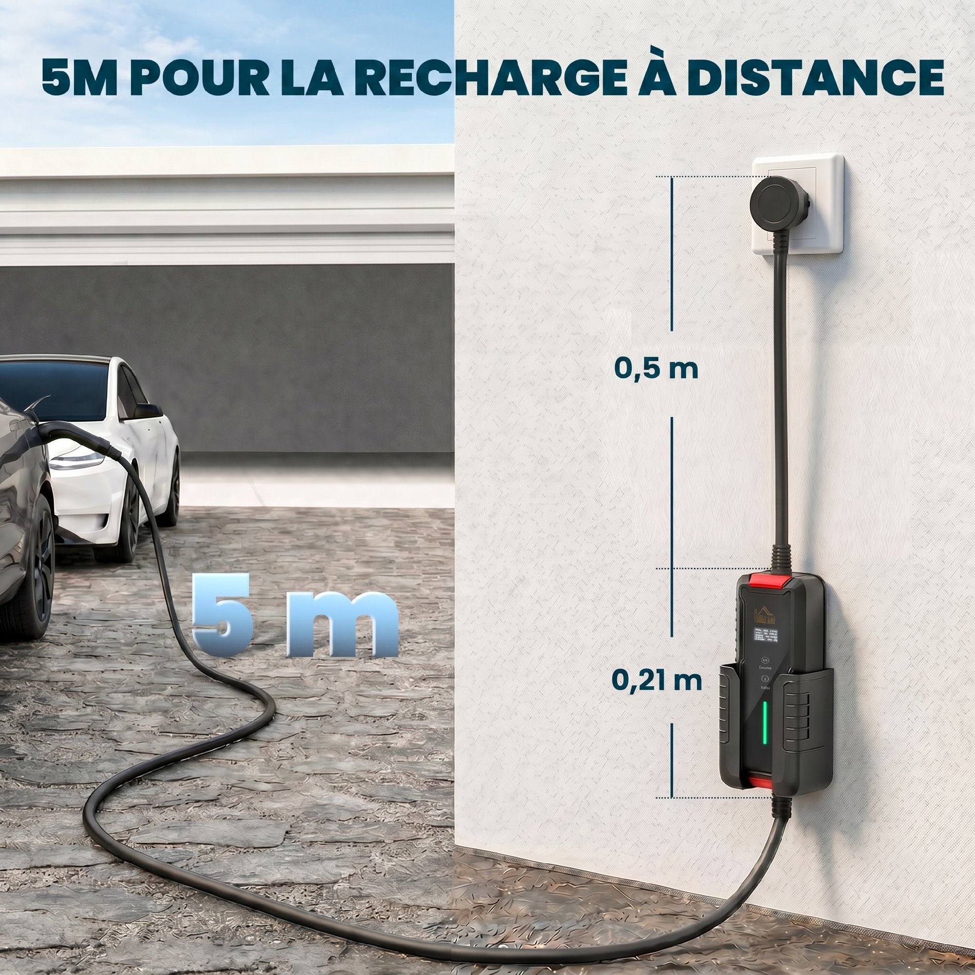 Chargeur Voiture Électrique Type 2 3,7kW [5m, 6/8/10/13/16A] Câble de Recharge Portable Écran LCD Retardateur Noir